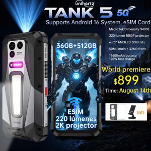 유니허츠 8849 탱크 5 러기드 스마트폰 - 세계 최초 2K 프로젝터 9400e CPU 3K AMOLED 18GB+1TB 17600mAh eSIM 지원 WiFi 7