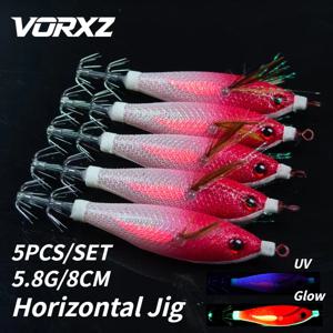 5개입 가로형 오징어 지그 에기 세트 반짝이 UV 야광 시뮬레이션 새우 미끼 3D 눈 날카로운 우산형 헤드 나이트 바다 낚시용