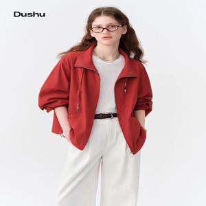 DUSHU 레트로 스타일 스탠드업 칼라 숏 재킷 가을 드로스트링 숏 코트 꽃무늬 통근 H형 캐주얼 재킷 포켓