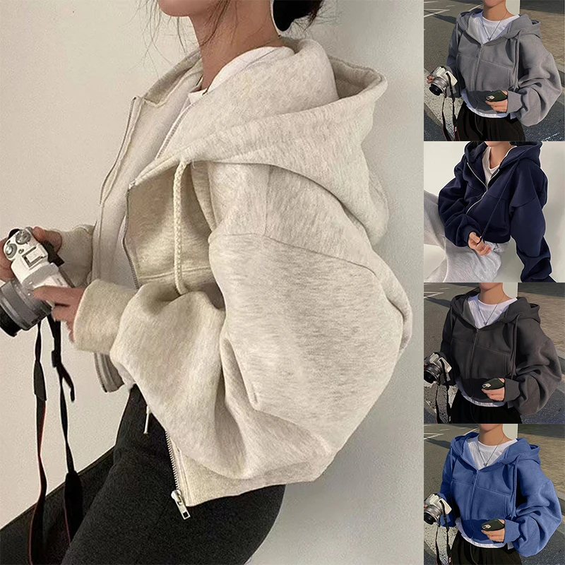 지퍼 업 후드티 여성 가을 겨울 따뜻한 플리스 안감 긴팔 크롭 재킷 새로운 패션 후드 스웨트셔츠 여성 Y2K 코트