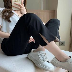 슬림핏 스트레이트 레그 수트 팬츠 여성용 하이웨이스트 루즈핏 드레이핑 스플릿 캐주얼 9부 기장 포켓 손수건