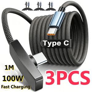 3/1PCS 90도 USB 타입 C 케이블 100W 빠른 충전 데이터 전송 케이블 아이폰 삼성용 휴대용 직각 USB-C 와이어