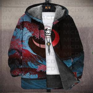 남성용 일본 스타일 프린트 후드, 2 포켓 플리스 카디건 재킷
