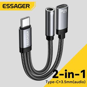 Essager 2 in 1 Type C ~ 3.5mm AUX 케이블 헤드폰 어댑터 PD 60W iPhone 16 15 Samsung Xiaomi 14 13 태블릿 PC 용 고속 충전