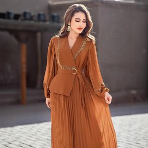 패션 여성 다이아몬드 Pleated 맥시 드레스 옷깃 Abaya 두바이 Kaftan Eid 라마단 이슬람 드레스 터키 가운 Femme Vestidos Caftan