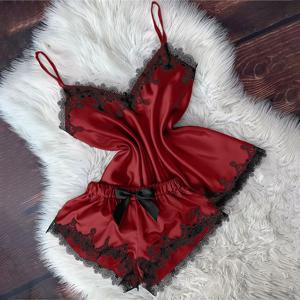 섹시 란제리 여성 잠옷 캐미솔 보우 반바지 v 넥 탑 벨벳 잠옷 잠옷 пижама женская Hot
