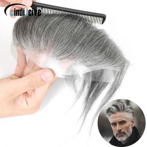 남성용 회색 부분 가발, 인모 헤어피스, 0.06mm 초박막 스킨 V 스타일 앞머리, 남성용 풀 PU 모발 보철