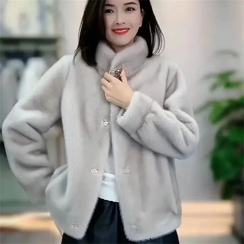 중년 여성 의류 가을 겨울 패션 밍크 퍼 원피스 숏 스타일 스탠드 칼라 퍼 재킷 여성용 따뜻한 코트