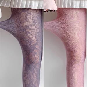 섹시한 꽃무늬 망사 롱삭스 시스루 자카드 레이스 얇은 팬티스타킹 일본 스타일 스윗 퍼플/핑크 로리타 JK 망사 스타킹
