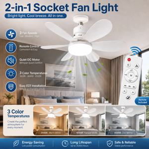 E27 LED 천장 선풍기 조명(리모컨 포함), 3색 조광 가능 3000K-6500K, 2000루멘, 거실, 침실, 주방용 85-265V