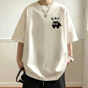 남성 캐주얼 오버사이즈 티셔츠 귀여운 검은 고양이 프린트 반소매 티셔츠 여름 루즈한 스트리트웨어 기본 상의