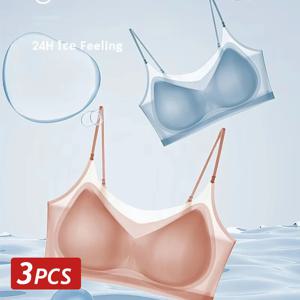 3PCS 울트라 얇은 통기성 얼음 실크 브래지어 여성의 원활한 뒤로 홀터넥 조끼 랩 브래지어 가슴 함께 수집 가벼운 통기성상의