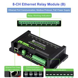 Waveshare 8채널 이더넷 릴레이 모듈(B) 디지털 입력, Modbus RTU/TCP, PoE 포트, 다양한 절연 및 보호 회로 포함