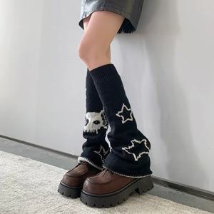 스타 스켈레톤 와이드 레그 양말, 가을 겨울 스파이시 걸 Y2K 니트 레그 세트, 앞뒤, 이중 착용, 스택 양말