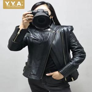 여성 슬림핏 양가죽 정품 가죽 재킷 오토바이 바이커 코트 스탠드 칼라 숏 스타일 방풍 아우터 라이딩 재킷