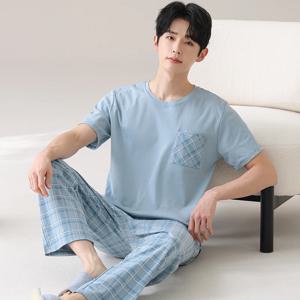 여름 모달 얼음 실크 잠옷 세트 남성 잠옷 가족 Pijamas Hombre 나이트 슈트 남성 캐주얼 Tracksuit 격자 무늬 인쇄 홈 의류