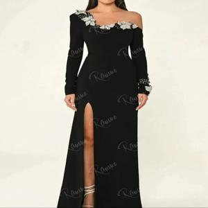 Ranmo 맞춤형 연예인 댄스 파티 드레스 긴 소매 슬릿 파티 가운 Vestidos De Fiesta Pleated Beading Floor Length Evening Dress