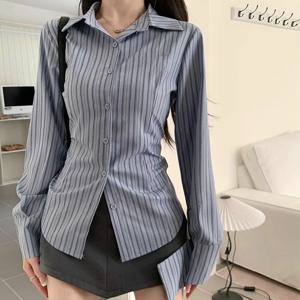 여성을위한 한국어 블루 스트라이프 긴 소매 셔츠 자켓 봄 디자인 슬리밍 허리 Cinching 탑 캐주얼 패션 여성 의류
