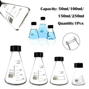 50-250ml 붕규산 유리 에를렌마이어 플라스크(검은색 나사 캡 포함), 화학 실험용 실험실 원뿔형 플라스크, 과학 실험실 용품