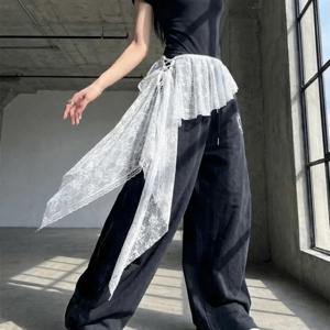 자수 꽃무늬 엉덩이 커튼 스커트 언밸런스 밑단 하이웨이스트 레이스 트림 엉덩이 커튼 주름 장식 미니 앞치마 여성용