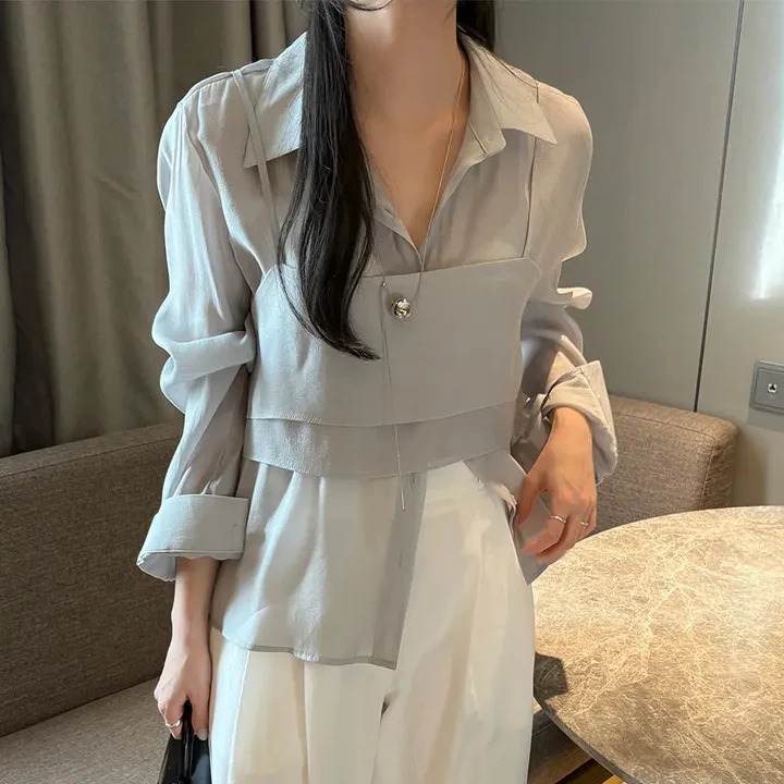 봄철 젠틀 디자인 반팔 롱셔츠 투피스 세트 여성용 부드러운 레이어링 한국 스타일 레귤러 핏 캐주얼 의상