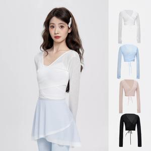 여성 소녀 댄스 탑 앞면 크리스크로스 블라우스 긴팔 거즈 댄스 탑 폴리에스터 클래식 발레 탑 요가 셔츠