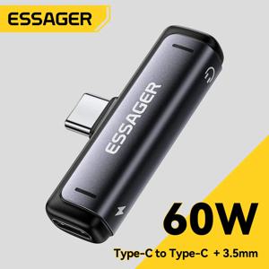 Essager 2-in-1 USB Type C 어댑터 MacBook iPhone Xiaomi USB-C-3.5mm 헤드폰 잭용 60W 충전 및 오디오 출력 변환기
