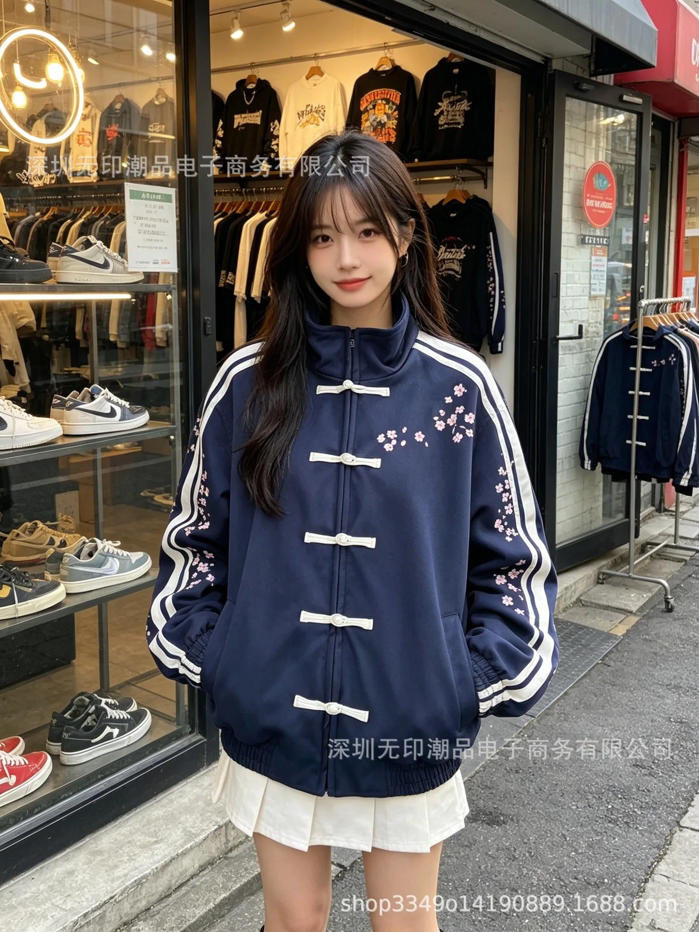 사쿠라 플로랄 프린트 중국 개구리 버튼 재킷 여성 스탠드 칼라 사이드 스트라이프 레트로 트랙 코트 하라주쿠 스트리트웨어 겉옷