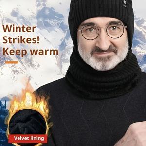 남성용 겨울 비니 모자 스카프 세트, 플리스 안감 귀 보호 니트 모자 넥 워머 2종 세트, 추운 날씨용 보온 세트