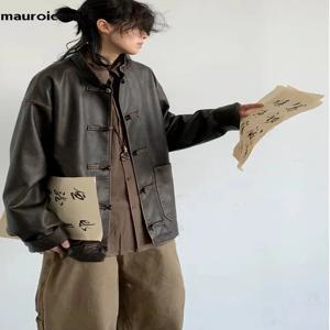 Mauroicardi 용수철 멋진 오버사이즈 빈티지 디스트레스드 PU 가죽 재킷, 우아한 럭셔리 디자이너, 중국 스타일 의류, 2024