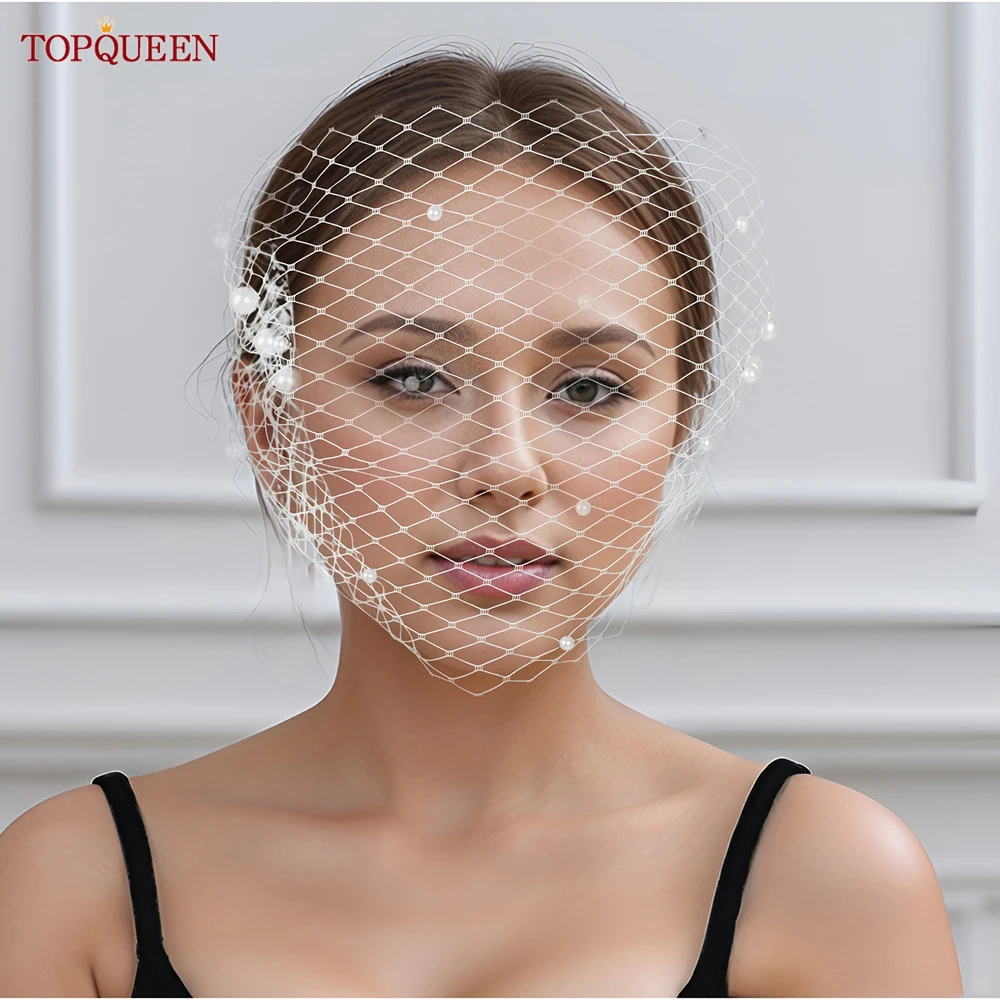 TOPQUEEN VA05 새장 베일, 진주 블러셔 베일, 러시아 얇은 명주 그물 케이지, 얼굴 베일, 섬세한 네일 비즈, 웨딩 가운