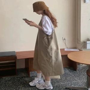 플러스 사이즈 여성 여름 작업복 오버올 스커트 세트 루즈핏 슬리밍 일본 스타일 투피스 세트 캐주얼 통근 폴리에스터 섬유
