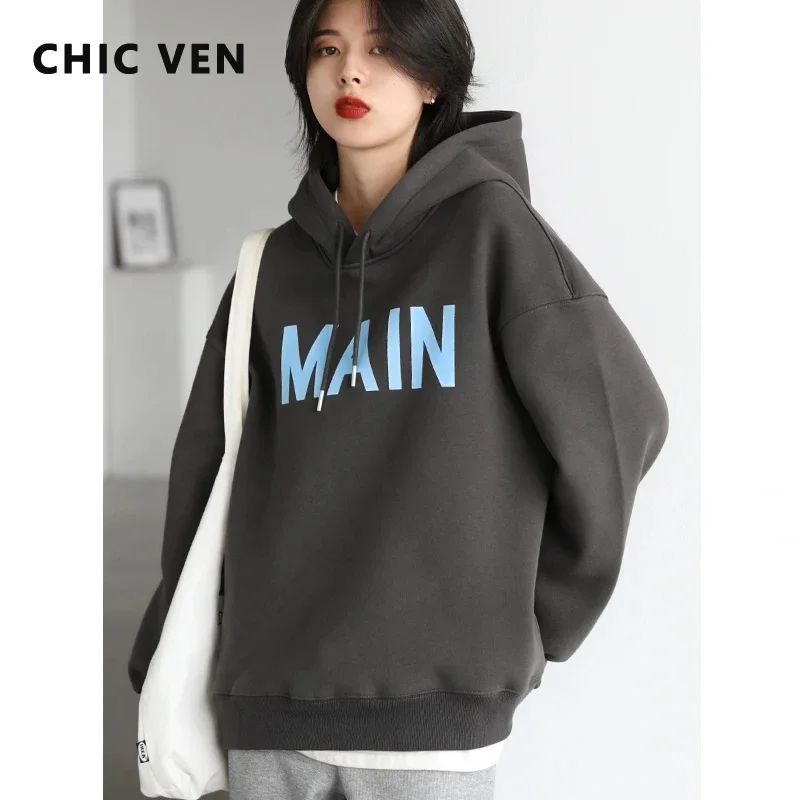 CHIC VEN 여성용 루즈 레터 플러시 풀오버 스트리트웨어, 두꺼운 따뜻한 후드 상의, 오피스 레이디 코트, 가을 겨울 2025