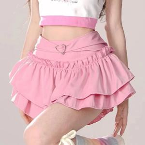 하트 버클 티어드 미니 스커트 여성 레이어드 러플 트림 미니스커트 카와이 스커트 Y2K 일본식 스카팬 발레코어 코케트