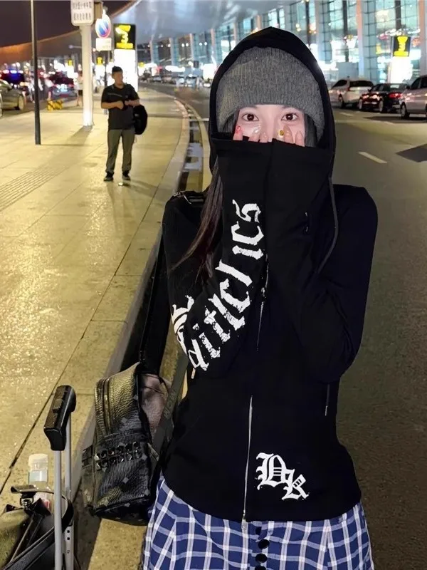 고딕 스타일 블랙 후드 재킷 여성 슬림핏 허리 조절 지퍼 오픈 가디건 2025 가을 신상 하이 스트리트 패션