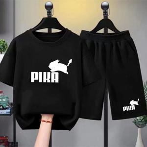 여름 소년 소녀 레드 캐주얼 티셔츠 세트 토끼 프린트 키즈 패션 의상 십대 어린이 반팔 탑 반바지 2pcs