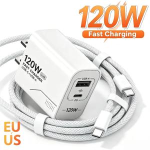 120W GaN USB C 충전기 2포트 고속 충전 휴대폰 충전기 전원 어댑터 (아이폰, 삼성, 샤오미 타입 C, 미국 플러그)