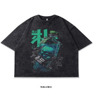 마스 여름 캐주얼 프린트 반팔 티셔츠 남성용 루즈핏 블랙 BF 스타일 스트리트웨어 트렌디 브랜드 중국산