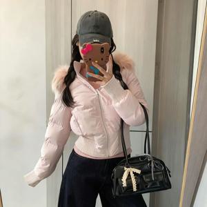 여성용 숏 다운 재킷 인조 퍼 후드 지퍼 리브 헴 긴소매 겨울용 따뜻한 슬림핏 퀼팅 패딩 재킷