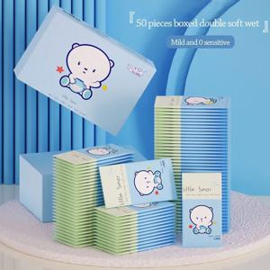 50개입 귀여운 소독용 아기 물티슈 부직포 손 세정 티슈 휴대용 물티슈 야외용