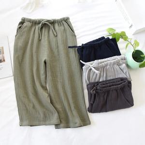 남성용 파자마 바지, 크롭 팬츠, 코튼 크레페, 단색, 플러스 사이즈, 시스루 잠옷, 여름