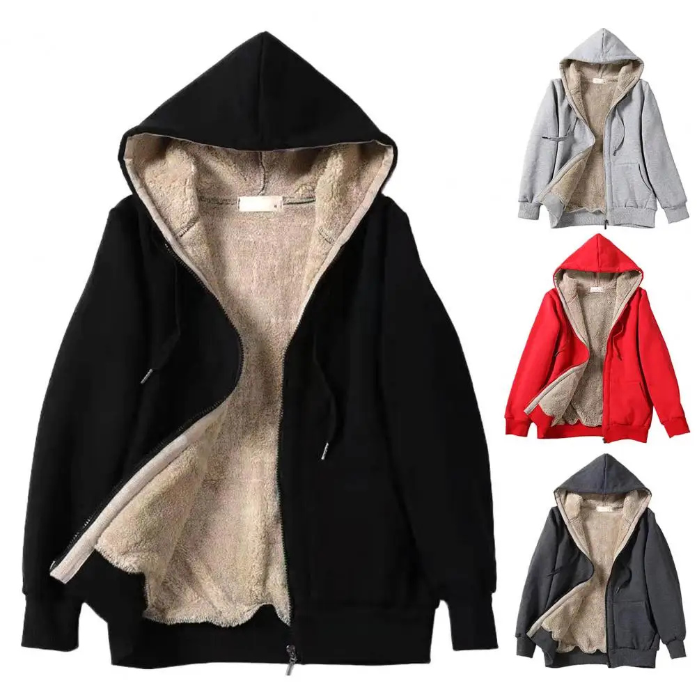 플러시 라이닝 스웨터 따뜻한 양털 안감 여성 스웨터 Drawstring 늑골이있는 커프 지퍼 까마귀 자켓 가을 따뜻한 코트 유지