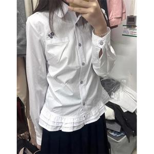 하라주쿠 스트라이프 셔츠 여성 패션 프릴 패치 워크 긴 소매 블라우스 한국 프레피 꽃 자수 슬림 디자인 탑 New
