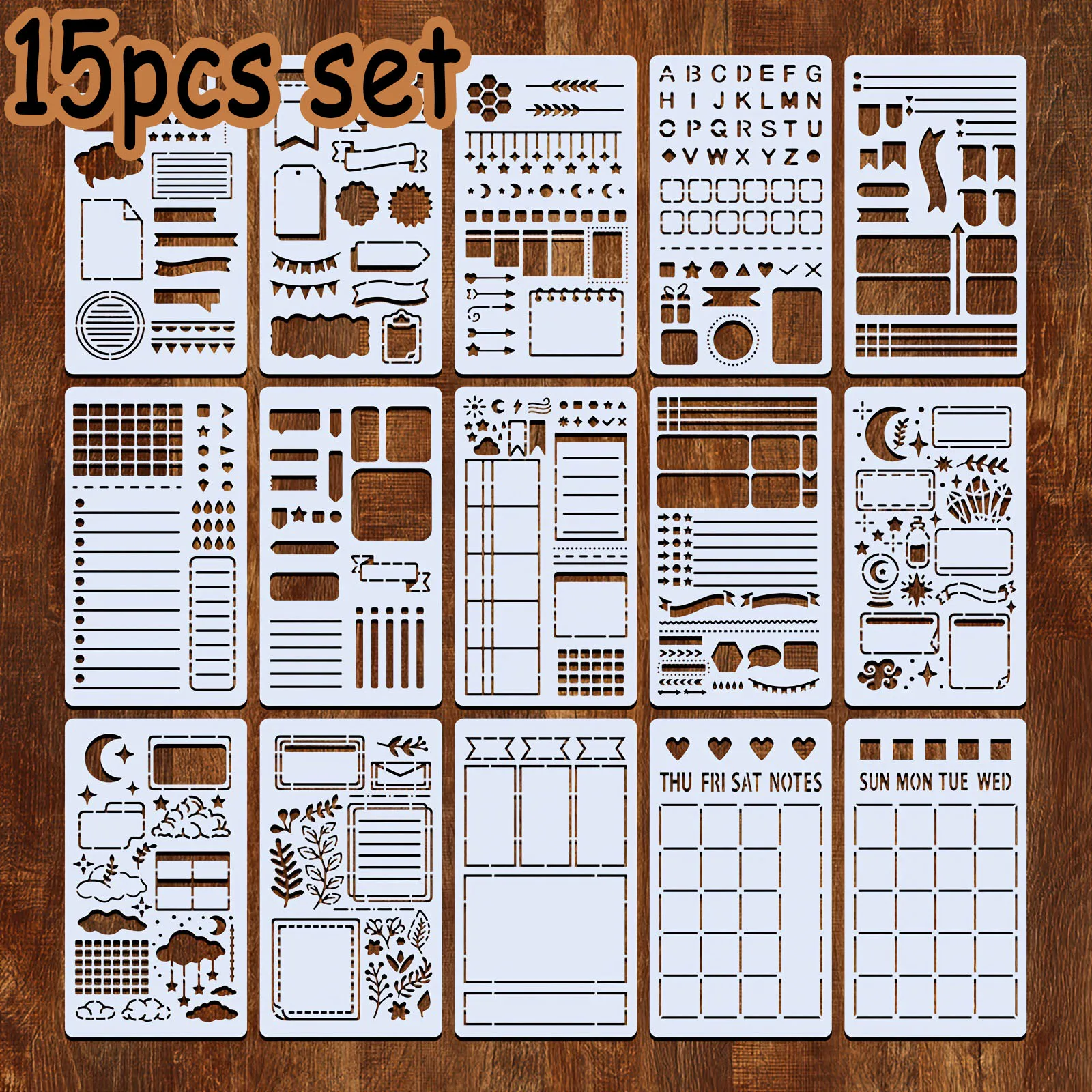 15Pcs 재사용 가능한 총알 스텐실 일기 그리기 템플릿 그림 그리기 DIY 스크랩북 일기 스크랩북 저널 편지지 선물