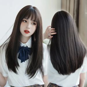 한국 스타일 중간 길이 가발 통기성 긴 스트레이트 헤어 에어뱅 귀여운 JK 소녀 코스프레 50cm 여성용 합성 헤드 커버