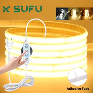 220V 디밍 가능 COB LED 접착 스트립(디머/스위치 포함) 흰색 따뜻한 자연 유연한 리본 테이프 240LED/M 실내 실외 장식