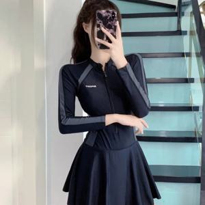 지퍼 프론트 컬러 블록 패널이 있는 운동용 긴팔 원피스 수영복 드레스, 배꼽 컨트롤 기능이 있는 비치 풀 트레이닝용 수영복