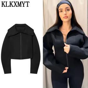 KLKXMYT 여성용 라펠 지퍼 재킷 우아한 긴팔 허리 슬림 크롭 코트 여성 2026 가을 시크 캐주얼 스트리트 아우터웨어 ﻿