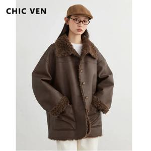 CHIC VEN 여성 인조 가죽 PU 재킷 루즈핏 캐주얼 리버시블 오버코트 레트로 여성 아우터 오버사이즈 코트 가을 겨울 2026