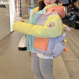 플러스 사이즈 두꺼운 화이트 덕 다운 재킷 여성, 스티칭 마카롱 컬러 블록, 루즈한 곰 인형 후드 패딩 코트, 겨울 신상